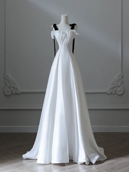 A-Linie Satin Langes Weißes Ballkleid, Langes Weißes Abendkleid ED028