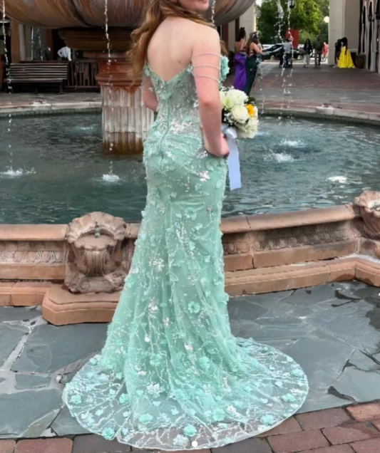 Fairy Green Off-the-shoulder Mermaid Tulle Beaded Long Prom Dresses Appliques Wedding Guest Dress Formal Dress ED02814