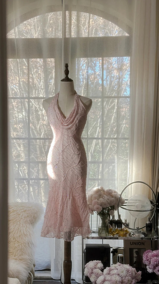 Sweet Pink Halter Collar Bodycon Chiffon Short Prom Dresses Vintage Party Dress with Beading ED02821