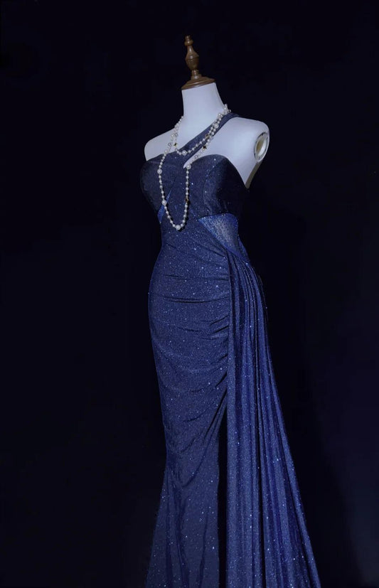 Superbe robe de soirée longue en satin fuchsia, style sirène, sans bretelles, ED02613