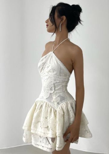 Sweet Apricot Halter Neck A-Line Lace Applique Short Party Dress Homecoming Dresses ED02829
