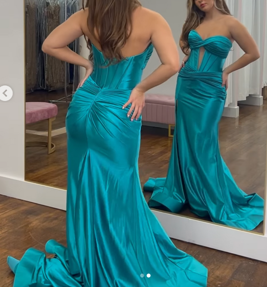 Superbe robe de soirée longue en satin fuchsia, style sirène, sans bretelles, ED02613