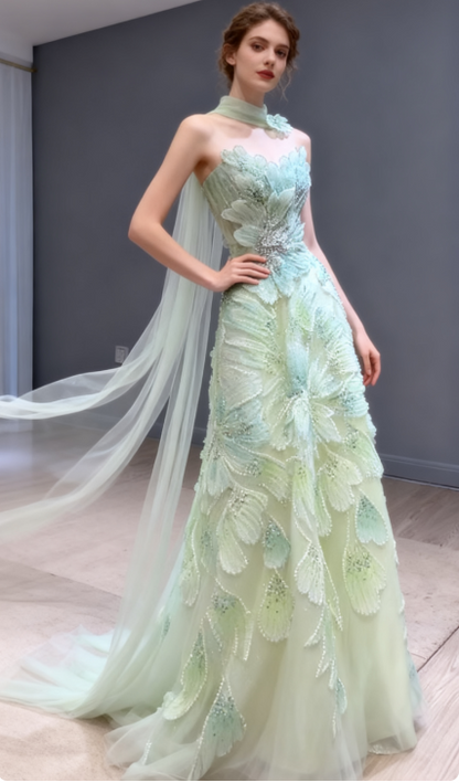 Fairytale Strapless Green A-Line Birthday Dress Tulle Long Prom Dresses Elegant Evening Gowns with Beading ED02839