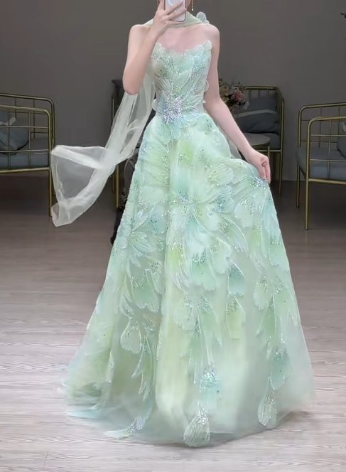 Fairytale Strapless Green A-Line Birthday Dress Tulle Long Prom Dresses Elegant Evening Gowns with Beading ED02839