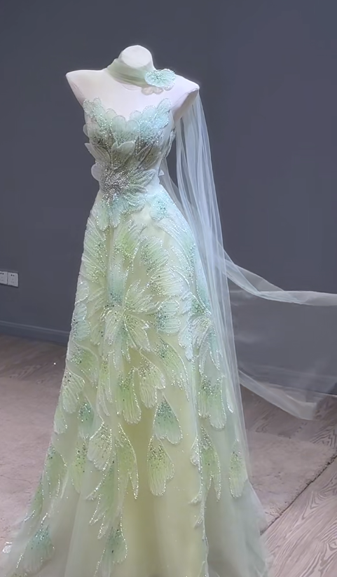 Fairytale Strapless Green A-Line Birthday Dress Tulle Long Prom Dresses Elegant Evening Gowns with Beading ED02839