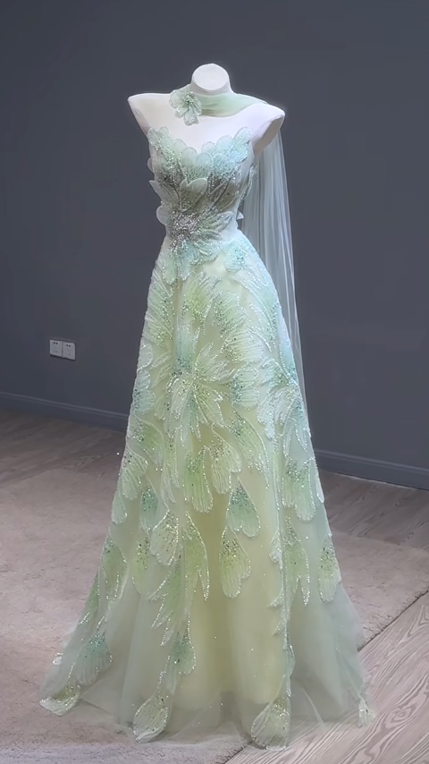Fairytale Strapless Green A-Line Birthday Dress Tulle Long Prom Dresses Elegant Evening Gowns with Beading ED02839
