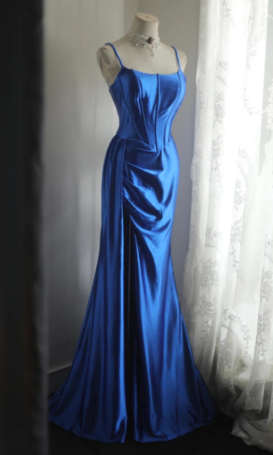 Superbe robe de soirée longue en satin fuchsia, style sirène, sans bretelles, ED02613