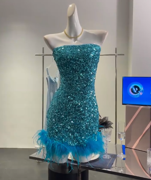 Glitter Blue Strapless A-Line Sequin Short Party Dresses Homecoming Dresses ED02843