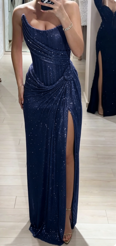 Stunning Pink Strapless Sheath Glitter Sequins Long Prom Dresses Formal Evening Gowns with Slits ED02849
