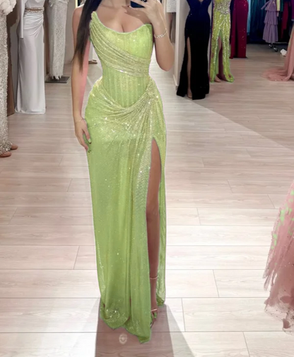 Stunning Pink Strapless Sheath Glitter Sequins Long Prom Dresses Formal Evening Gowns with Slits ED02849