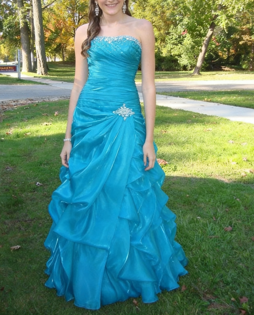 Sweet Blue Strapless A-Line Tulle Beaded Long Prom Dresses Birthday Evening Gowns ED02853