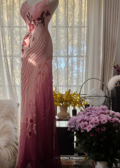 Superbe robe de soirée longue en satin fuchsia, style sirène, sans bretelles, ED02613