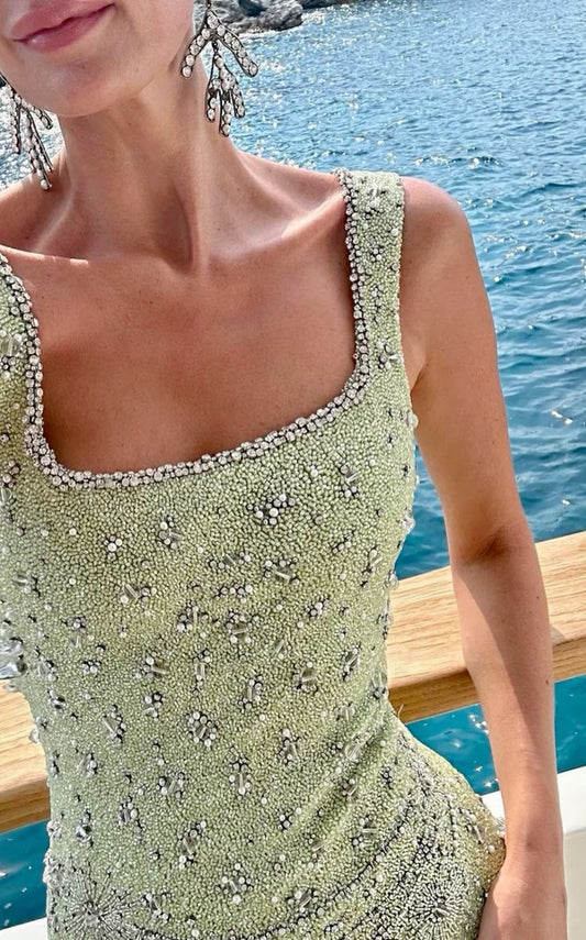 Elegant Green Square Neck Sheath Beaded Short Party Dresses Homecoming Dresses  ED02869