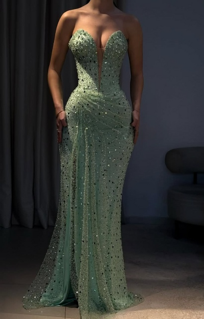 Stunning Green Sweetheart Neck Sheath Tulle Beading Long Prom Dresses Formal Evening Gowns with Sequins ED02880