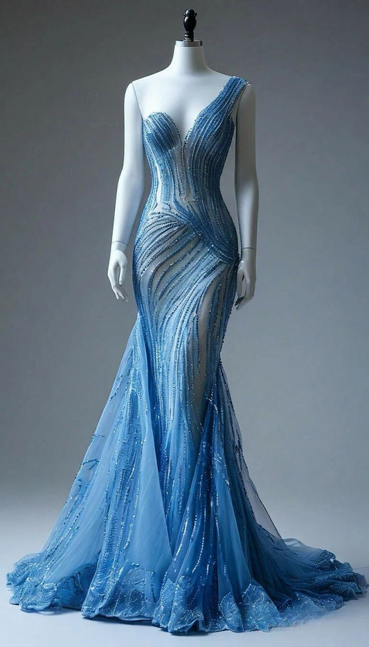 Stunning Blue One Shoulder Mermaid Tulle Beading Long Prom Dresses Formal Evening Gowns ED02883