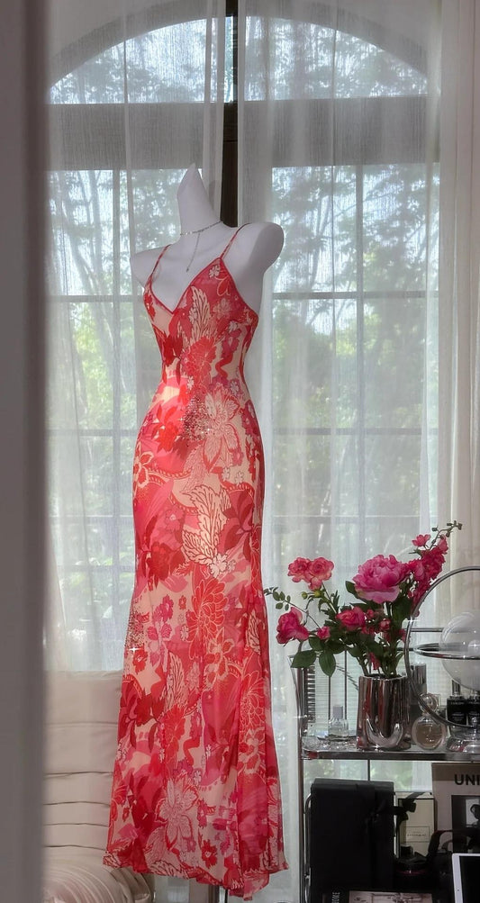 Gorgeous Red Spaghetti Straps Sheath Chiffon Beading Long Prom Dresses Vintage Evening Gowns ED02888