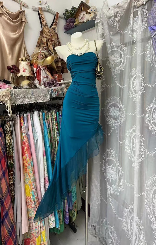 Superbe robe de soirée longue en satin fuchsia, style sirène, sans bretelles, ED02613