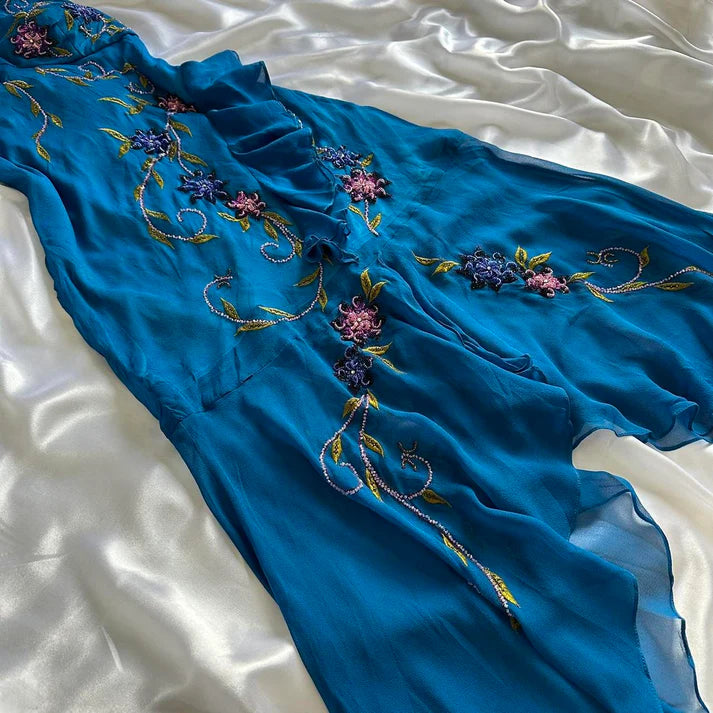 Gorgeous Blue Halter Mermaid Beaded Chiffon Short Vintage Evening Gowns ED02893