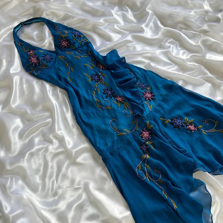 Gorgeous Blue Halter Mermaid Beaded Chiffon Short Vintage Evening Gowns ED02893