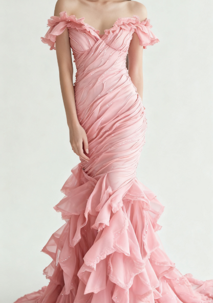 Gorgeous Burgundy Off-shoulder Mermaid Tulle Sequins Long Prom Dresses Formal Evening Gowns ED02894