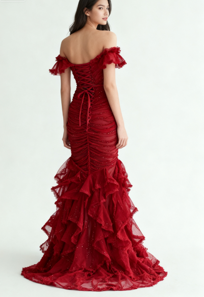 Gorgeous Burgundy Off-shoulder Mermaid Tulle Sequins Long Prom Dresses Formal Evening Gowns ED02894