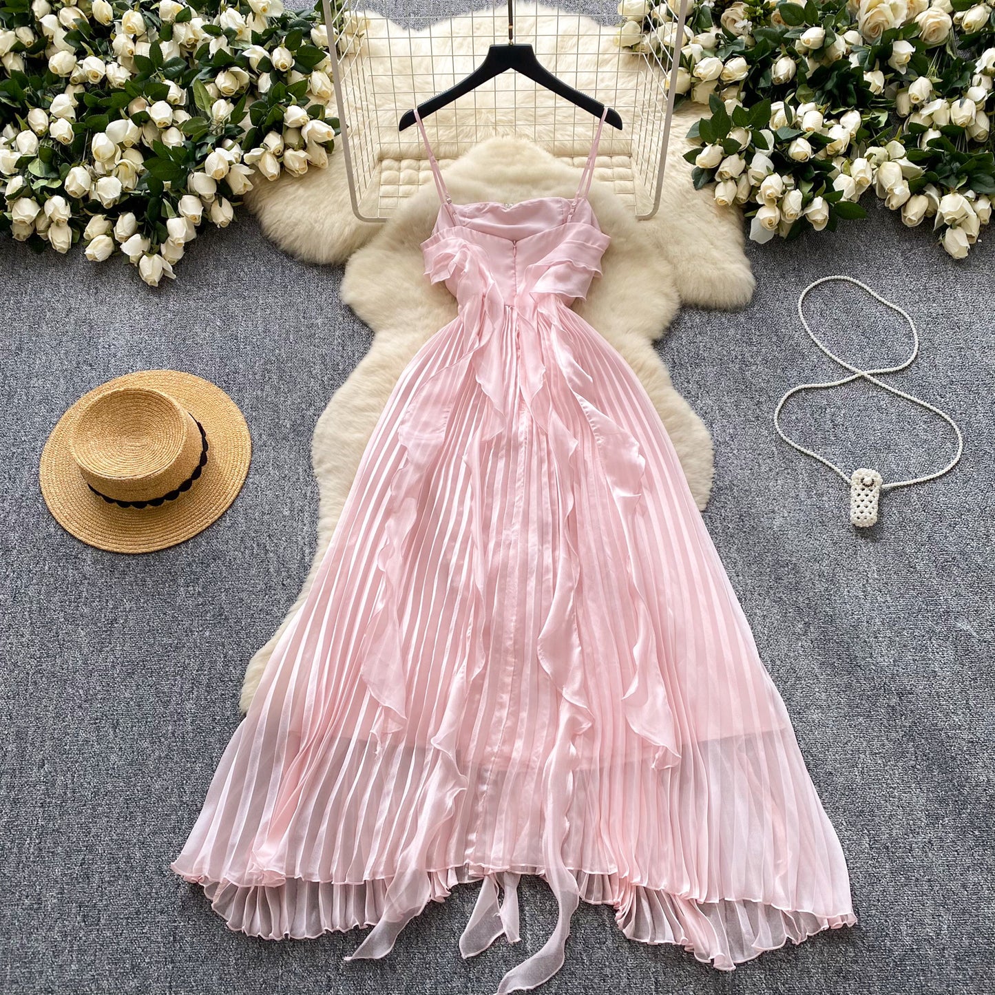 Sweetheart Pink Spaghetti Straps Sheath Chiffon Dress Cocktail Party Dress ED02924