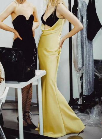 Fashion Yellow V Neck Sheath Satin Long Prom Dresses Birthday Dresses Glam Guest Dresses ED02929