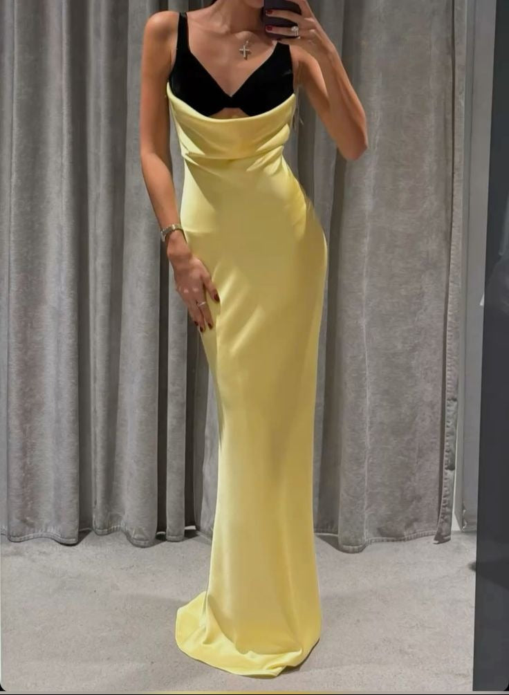 Fashion Yellow V Neck Sheath Satin Long Prom Dresses Birthday Dresses Glam Guest Dresses ED02929