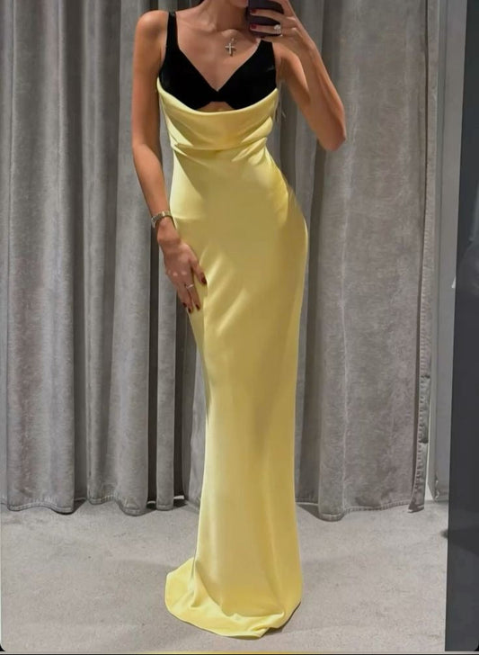 Fashion Yellow V Neck Sheath Satin Long Prom Dresses Birthday Dresses Glam Guest Dresses ED02929