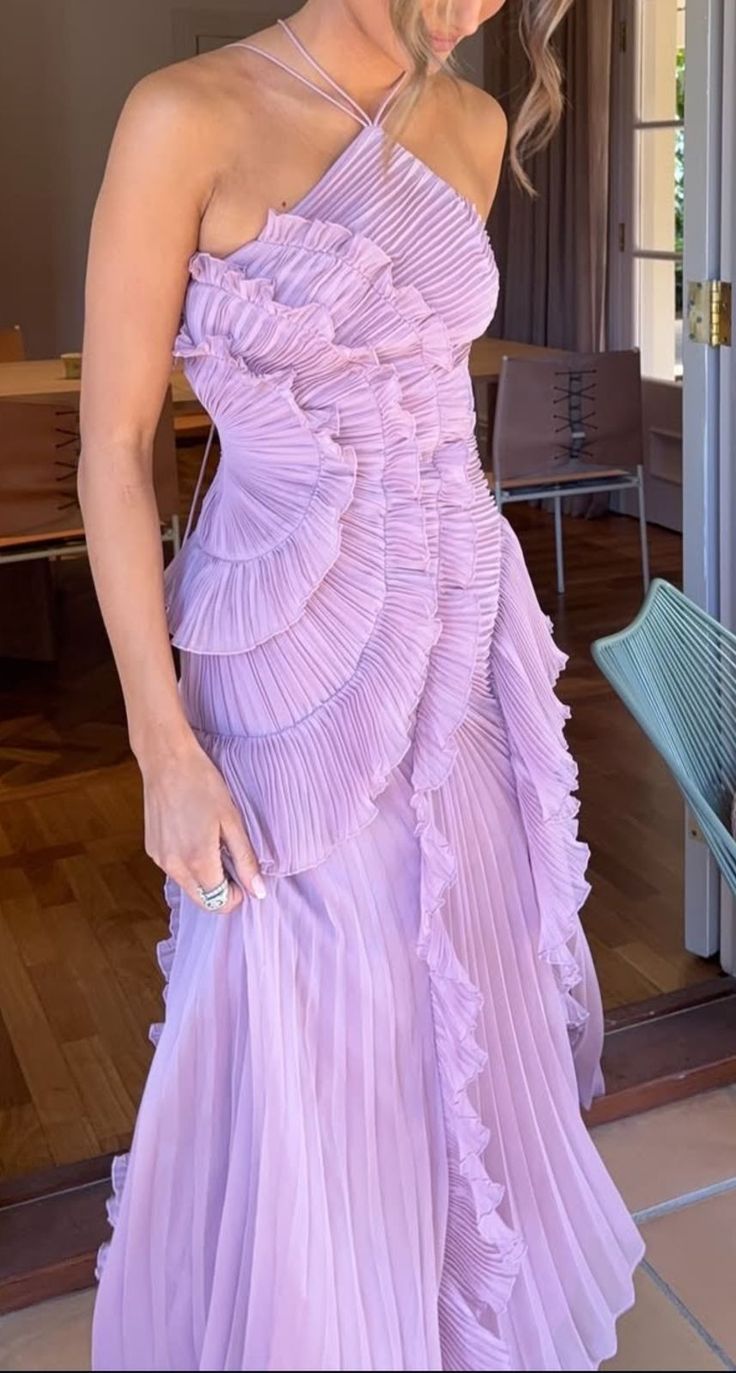 Elegant Purple Halter A-Line Chiffon Ruffles Long Prom Dresses Birthday Party Dress