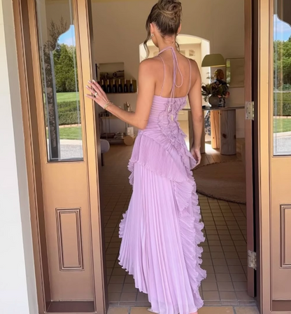 Elegant Purple Halter A-Line Chiffon Ruffles Long Prom Dresses Birthday Party Dress