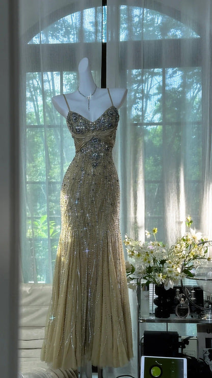 Olive Green Evening Dressses Vintage Spaghetti Straps Mermaid Tulle Beading Long Stunning Prom Dresses Elega