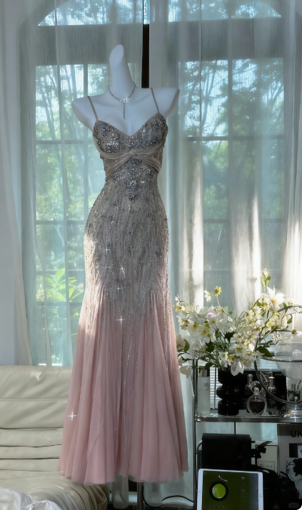 Pink Long Prom Dress Beaded Pink Long Evening Dress Mermaid Formal Dress