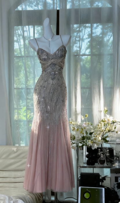 Pink Long Prom Dress Beaded Pink Long Evening Dress Mermaid Formal Dress