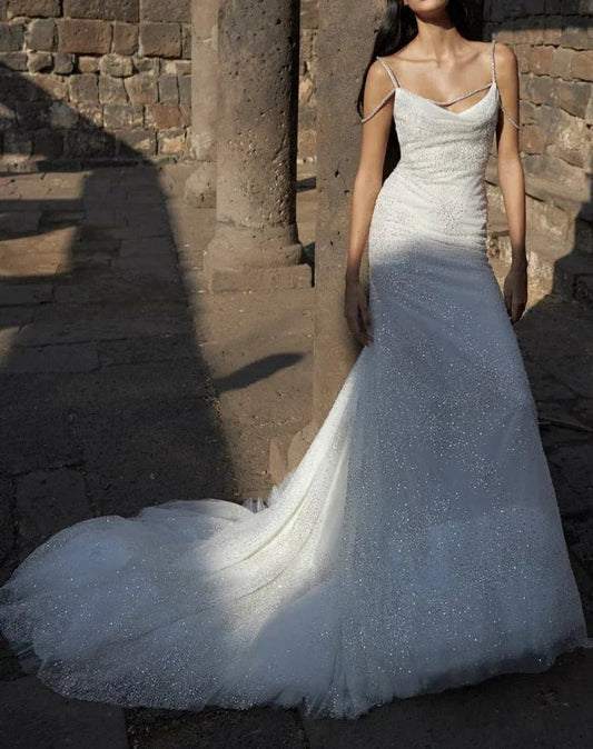 Elegant White Spaghetti Straps Mermaid Tulle Evening Gown Shiny Trailing Wedding Dress ED02937