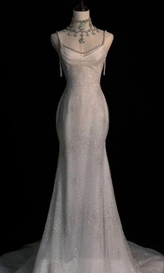 Elegant White Spaghetti Straps Mermaid Tulle Evening Gown Shiny Trailing Wedding Dress ED02937