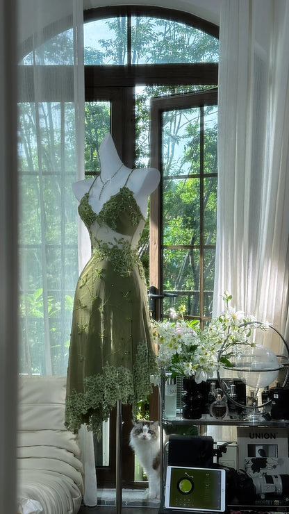 Stunning Green Spaghetti Straps A-Line Chiffon Beaded Short Prom Dresses ED02951