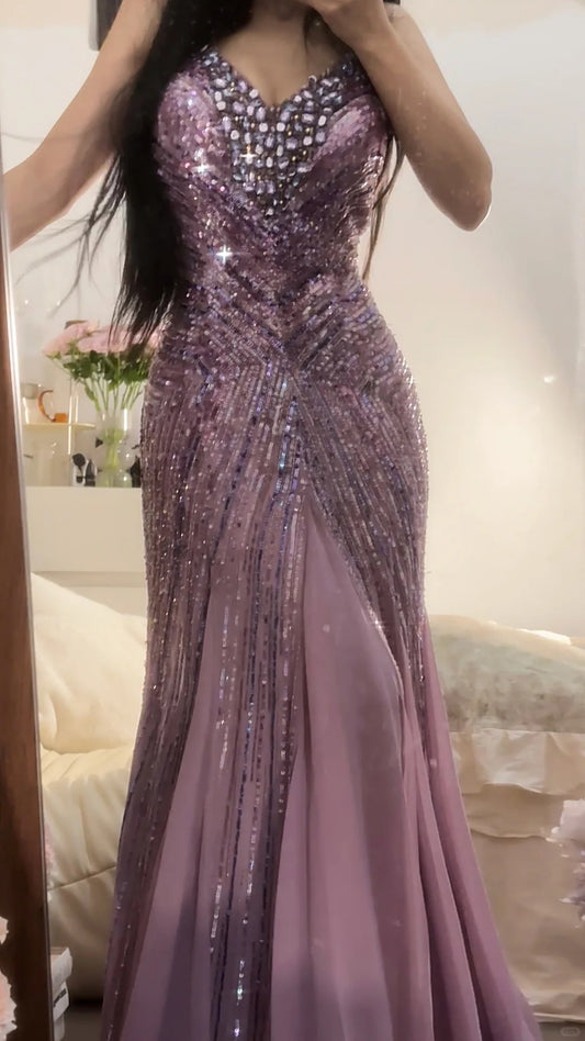 Superbe robe de soirée longue en satin fuchsia, style sirène, sans bretelles, ED02613