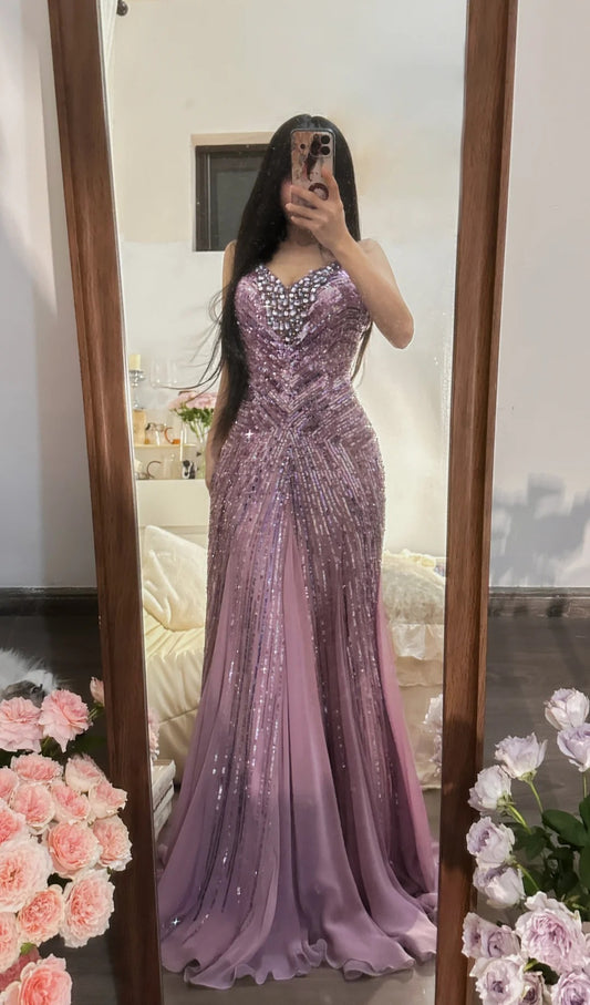 Superbe robe de soirée longue en satin fuchsia, style sirène, sans bretelles, ED02613