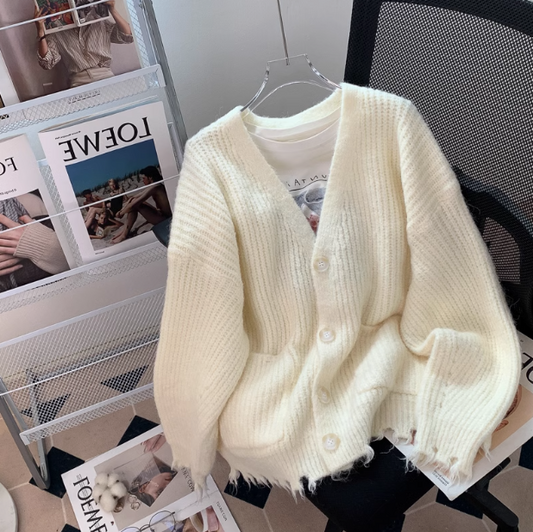 Chunky Knit Ripped Edge Cardigan Sweater ED0295