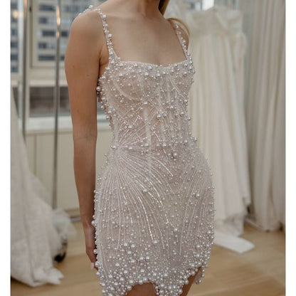 Sweet White Square Neck Sheath Beaded  Short Wedding Dress Birthday Evening Gowns