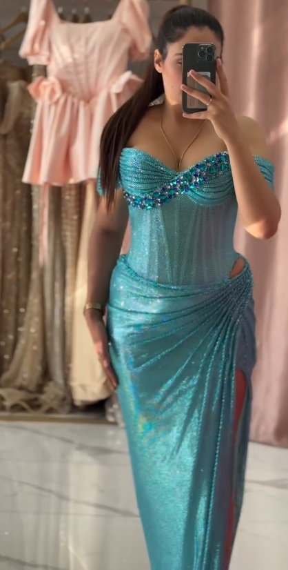 Fashion Turquoise Strapless Sheath Glitter Two-Piece Prom Dresses Formal Evening Gowns with Slits ED02972