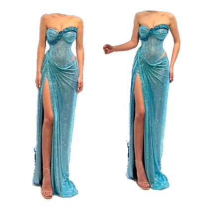 Fashion Turquoise Strapless Sheath Glitter Two-Piece Prom Dresses Formal Evening Gowns with Slits ED02972