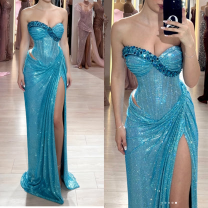Fashion Blue Strapless Sheath Glitter Two-Piece Prom Dresses Formal Evening Gowns with Slits ED02972