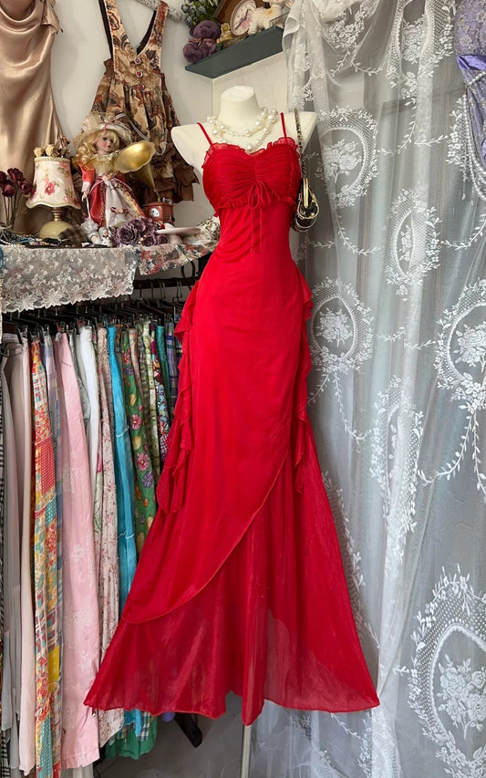 Gorgeous Red Spaghetti Strap Sheath Chiffon Long Prom Dresses Elegant Wedding Guest Dresses ED02991
