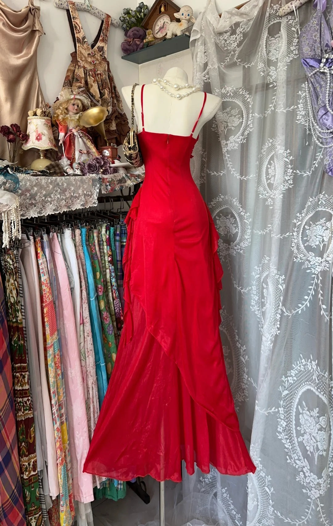 Gorgeous Red Spaghetti Strap Sheath Chiffon Long Prom Dresses Elegant Wedding Guest Dresses ED02991