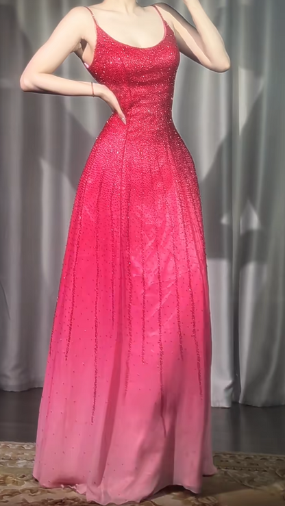 Superbe robe de soirée longue en satin fuchsia, style sirène, sans bretelles, ED02613