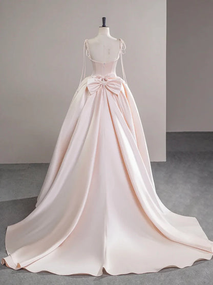 A-Line Satin Pink Champagne Long Prom Dress, Pink Champagne Long Evening Dress ED030