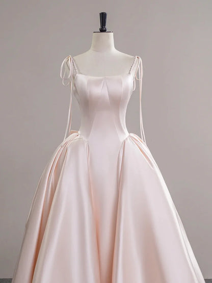 A-Line Satin Pink Champagne Long Prom Dress, Pink Champagne Long Evening Dress ED030