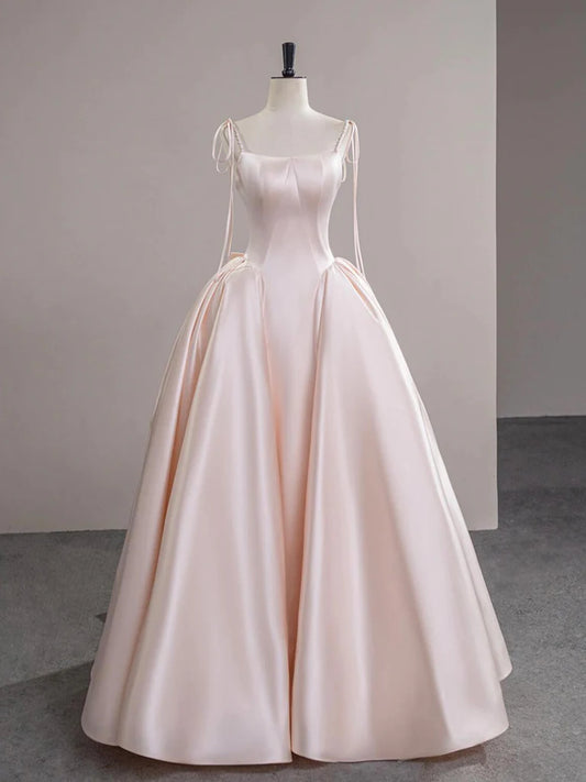 Robe de bal longue coupe trapèze en satin rose champagne, robe de soirée longue rose champagne ED030